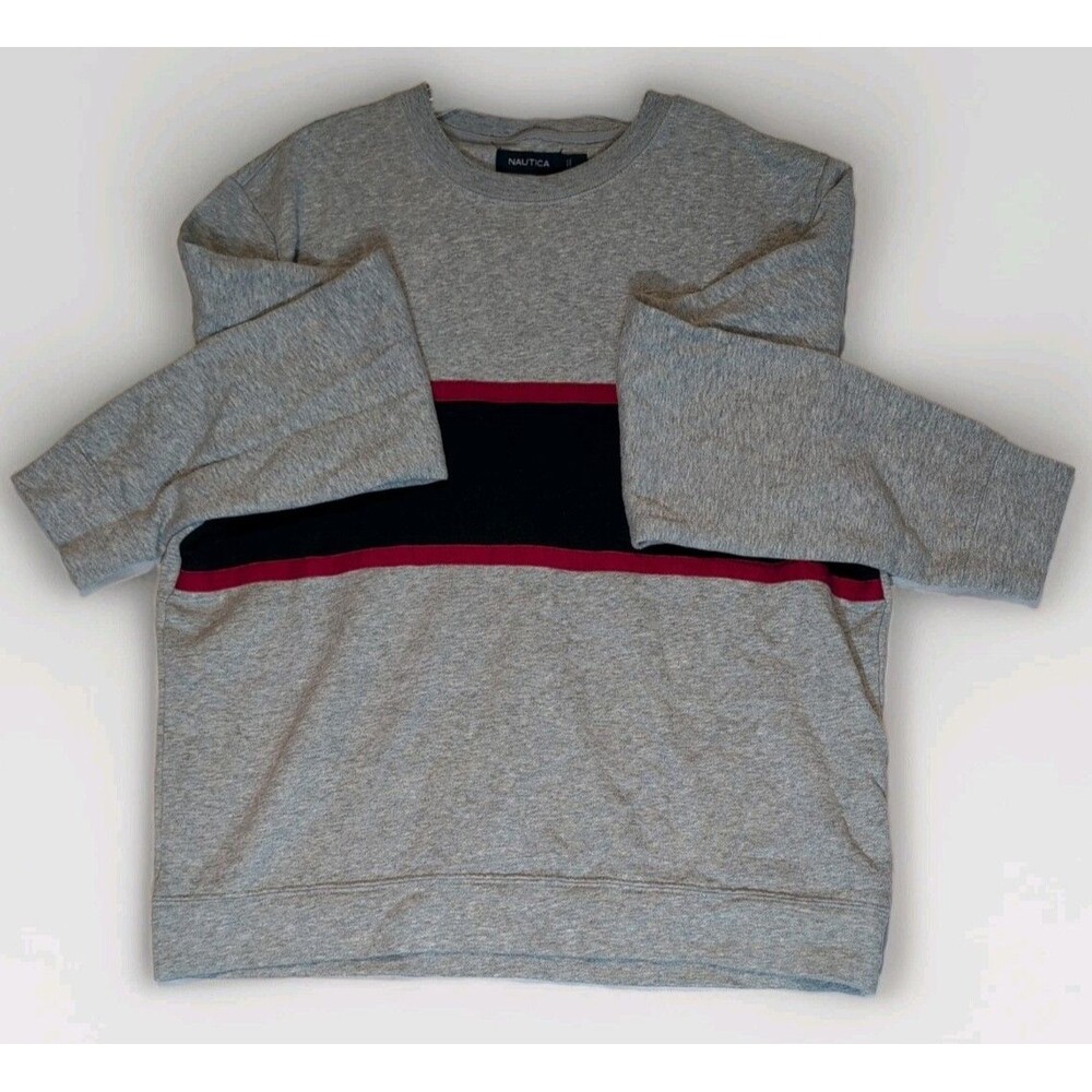 Nautica Mens Sweater Grey With Navy Blue And Red Size Large